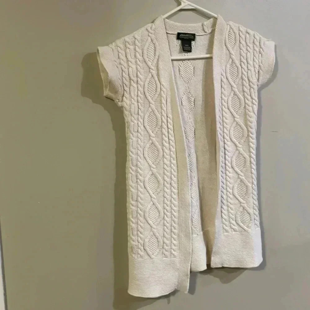 ❤️2/$30❤️[XS]Eddie Bauer Cable Knit Sweater Open Cardigan Capped  Sleeve linen